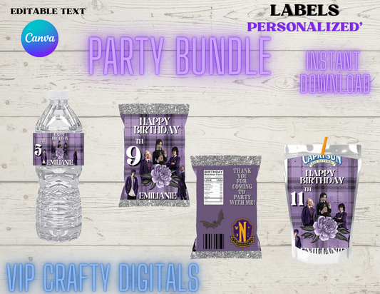 Wednesday Chip Bag, Wednesday Addams, Addams Family, Party favor, water bottle templates bundle ,Digital Only