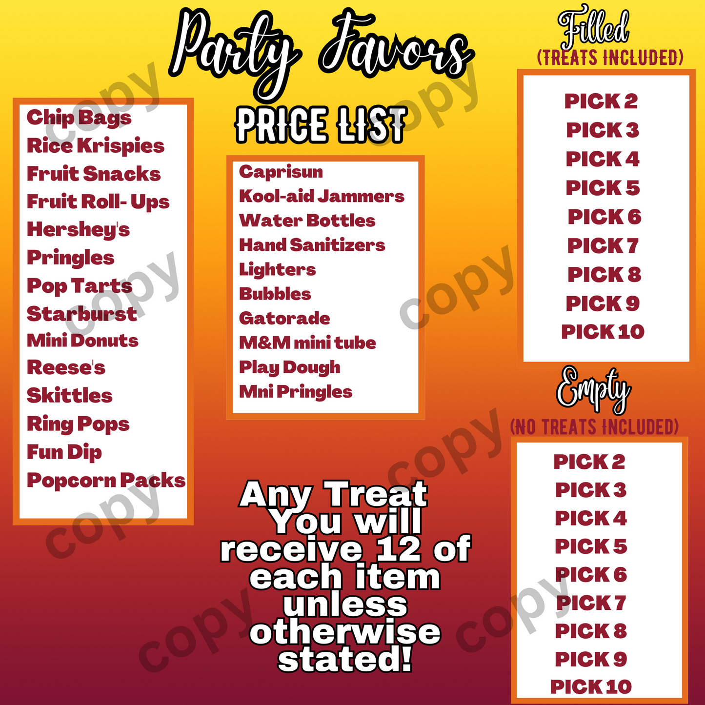 Party Favors Price List/Editable in Canva