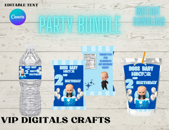 Boss baby Kids Birthday Supplies, Kids Party Bundle Water Bottle, Chip bag, Juice Label, Party Décor, Custom Labels|, Boss BOY