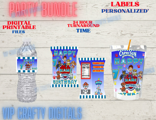 Kids Birthday Supplies, Paw  Kids Party Bundle Water Bottle, Chip bag, Juice Label, Party Decor, NOT INSTANT DOWNLOAD | Digital File| Digital File